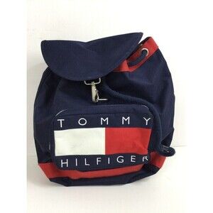 Tommy Hilfiger Canvas Nap Sack Tote Bag Logo Drawstring Backpack Blue 90's